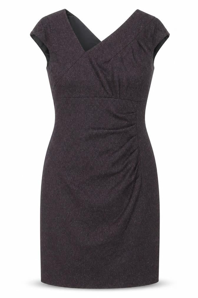 Front view of L.K. Bennett Women's Brown Wool Blend Ruched Sheath Dress, size 6