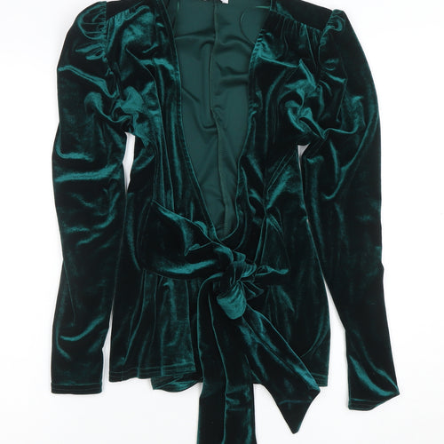 Quiz Women Green Velvet Wrap Blouse Size 8 Long Sleeve Tie Front Top