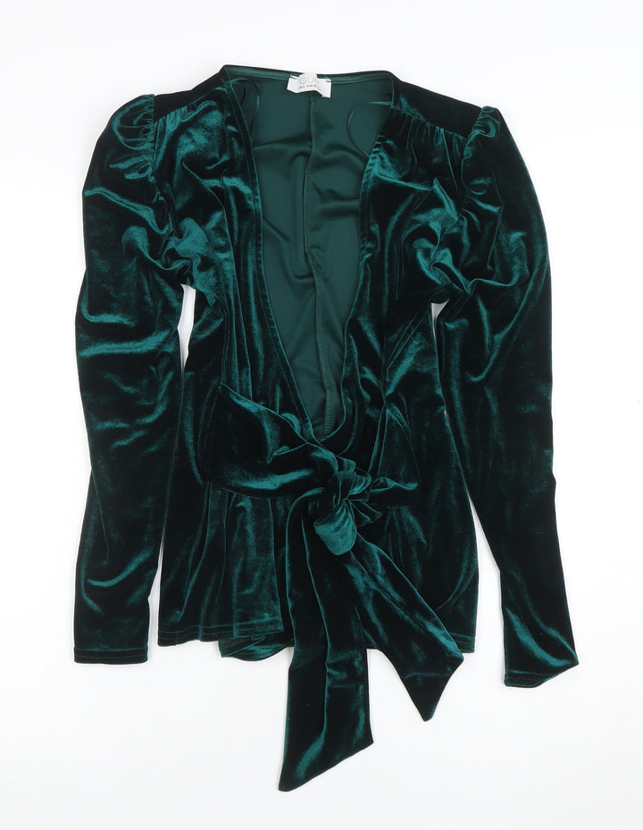Quiz Women Green Velvet Wrap Blouse Size 8 Long Sleeve Tie Front Top