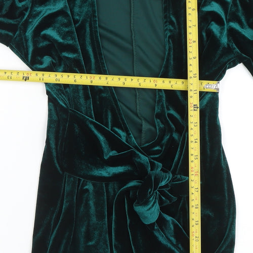 Quiz Women Green Velvet Wrap Blouse Size 8 Long Sleeve Tie Front Top
