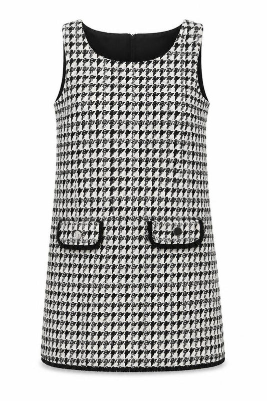 Front view of Dorothy Perkins Women’s Black Houndstooth Tweed Pinafore Dress, size UK 12