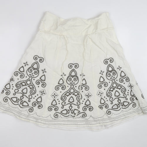 Next Women Ivory Linen Blend A-Line Embroidered Knee Length Skirt Size 12