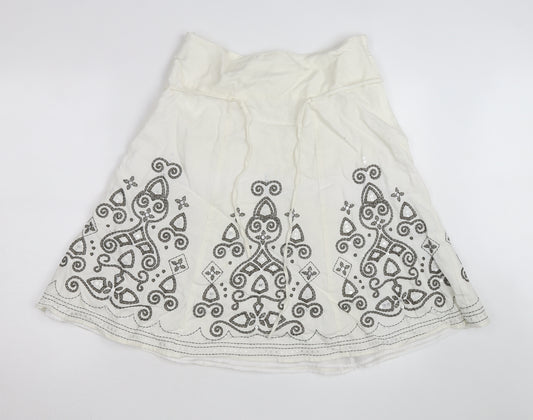 Next Women Ivory Linen Blend A-Line Embroidered Knee Length Skirt Size 12