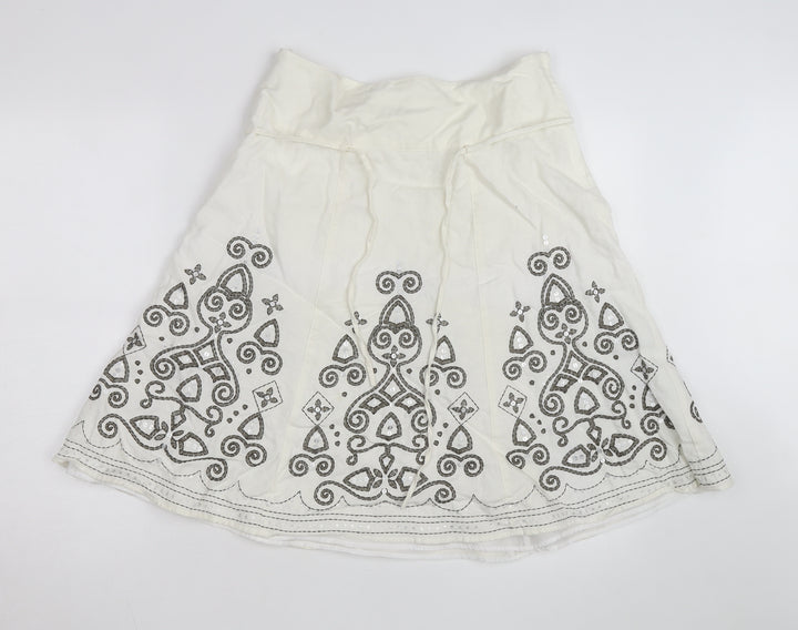 Next Women Ivory Linen Blend A-Line Embroidered Knee Length Skirt Size 12