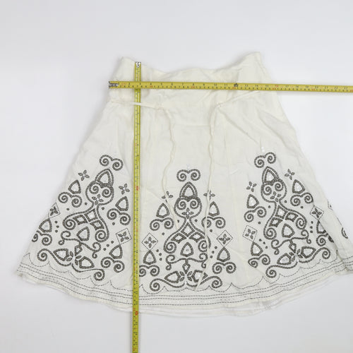 Next Women Ivory Linen Blend A-Line Embroidered Knee Length Skirt Size 12