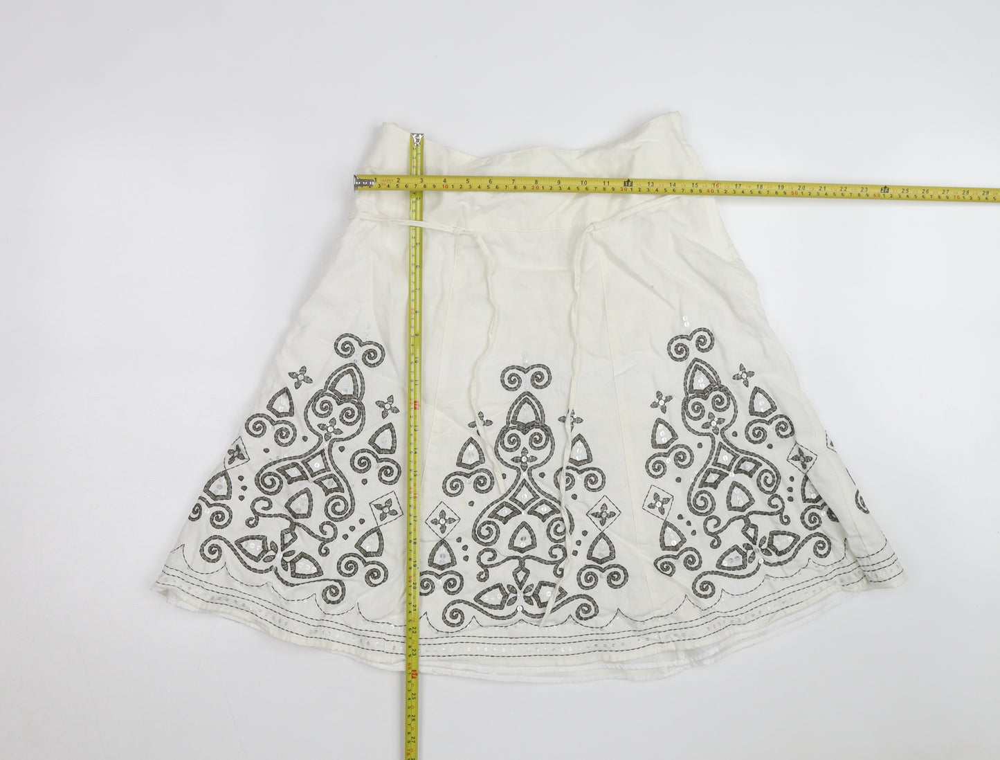 Next Women Ivory Linen Blend A-Line Embroidered Knee Length Skirt Size 12