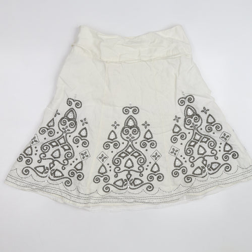 Next Women Ivory Linen Blend A-Line Embroidered Knee Length Skirt Size 12