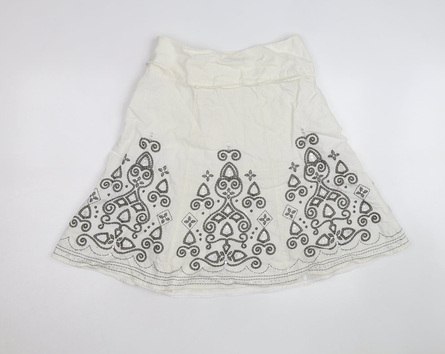 Next Women Ivory Linen Blend A-Line Embroidered Knee Length Skirt Size 12