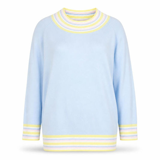 Front view of Etam Women Blue Striped High Neck Cotton Knit Jumper L