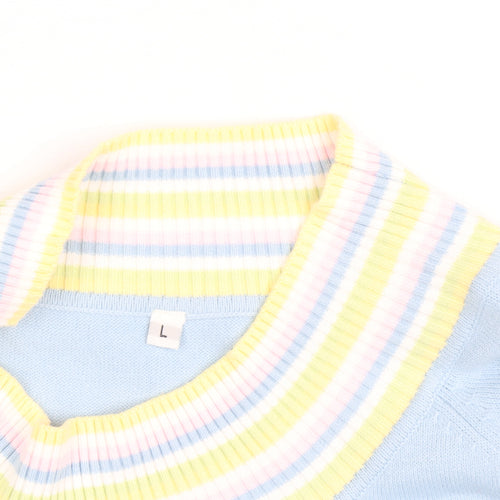 Etam Women Blue Striped High Neck Cotton Knit Jumper L