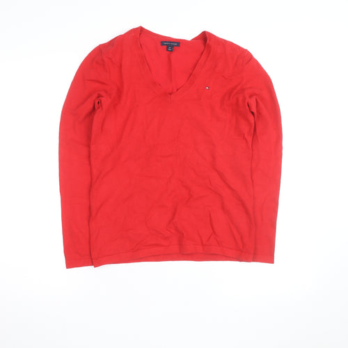 Tommy Hilfiger Women's Red V-Neck Cotton Jumper Size S