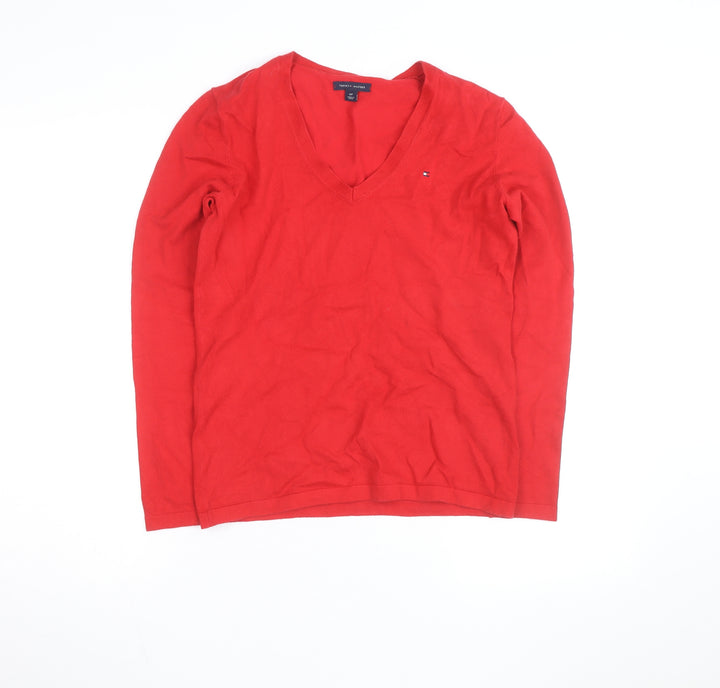Tommy Hilfiger Women's Red V-Neck Cotton Jumper Size S