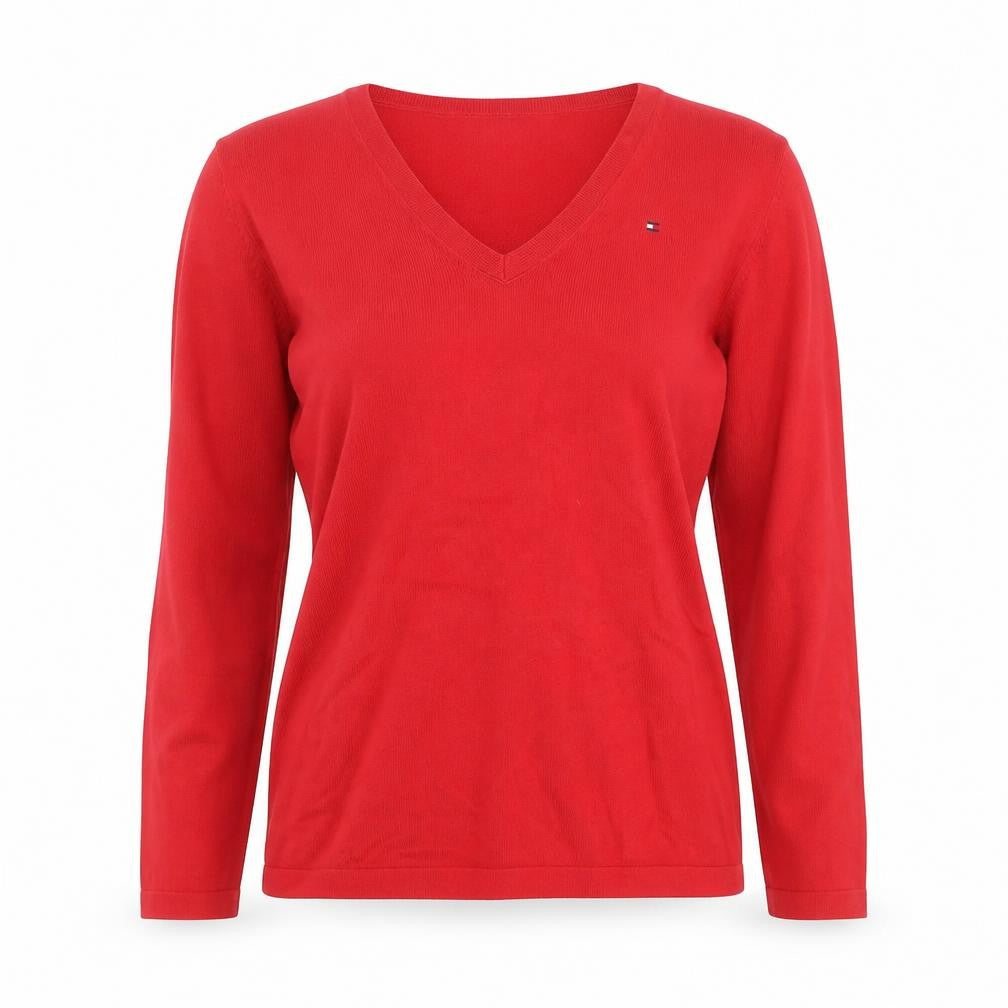 Front view of Tommy Hilfiger Women's Red V-Neck Cotton Jumper, size S