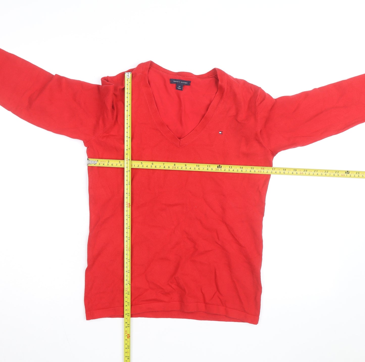 Tommy Hilfiger Women's Red V-Neck Cotton Jumper Size S