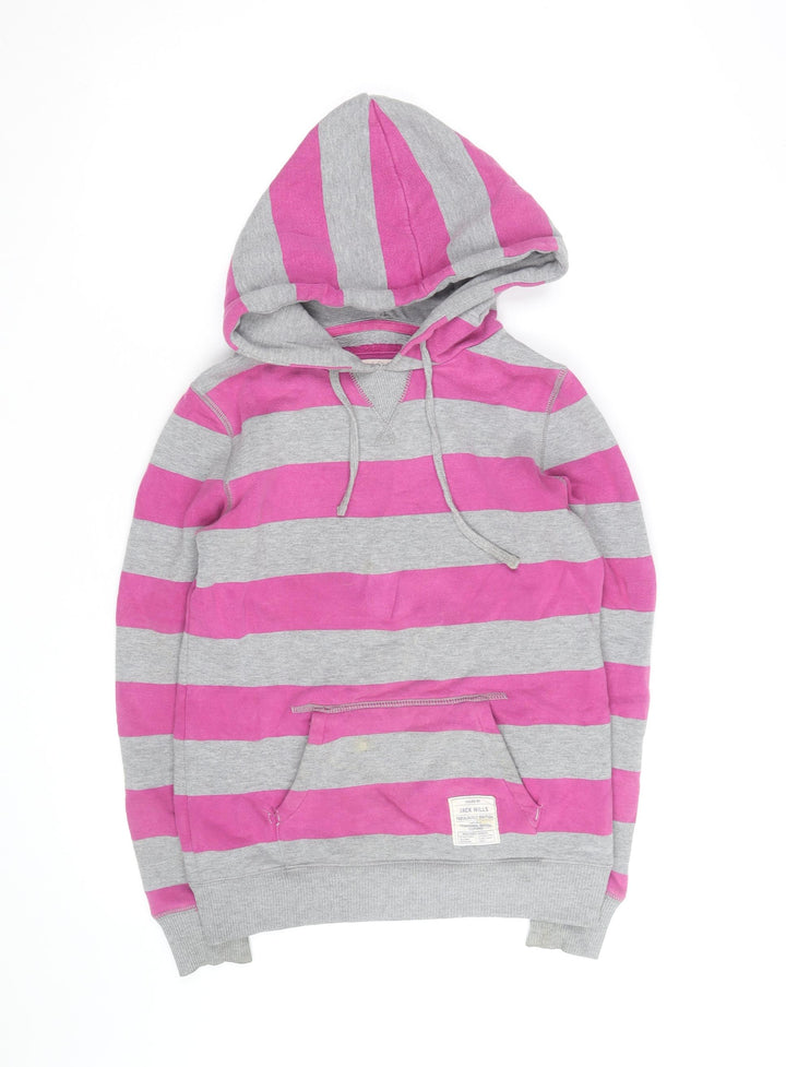 Jack Wills Womens Grey Pink Stripe Pullover Hoodie Size 8 Cotton Blend