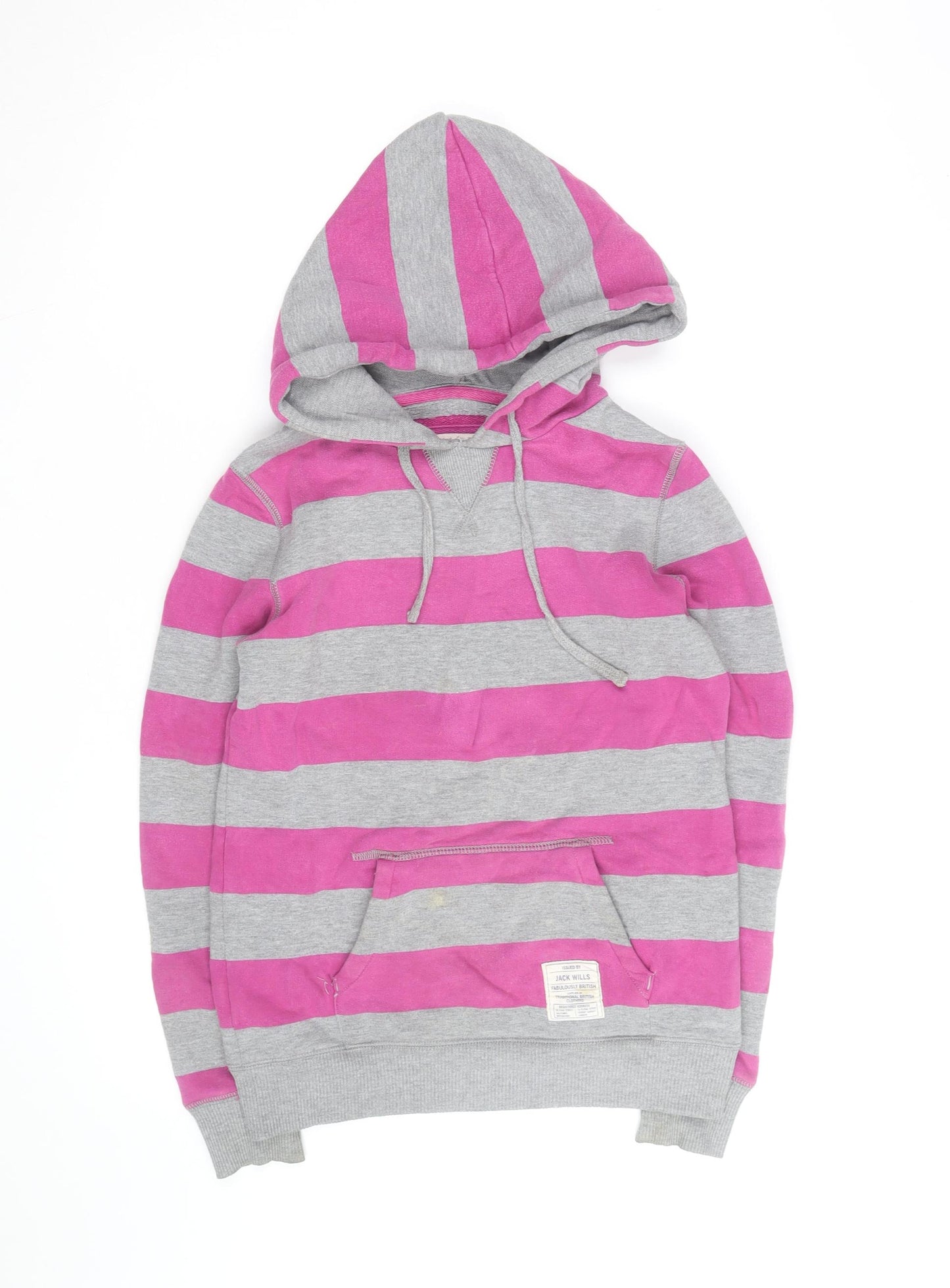 Jack Wills Womens Grey Pink Stripe Pullover Hoodie Size 8 Cotton Blend