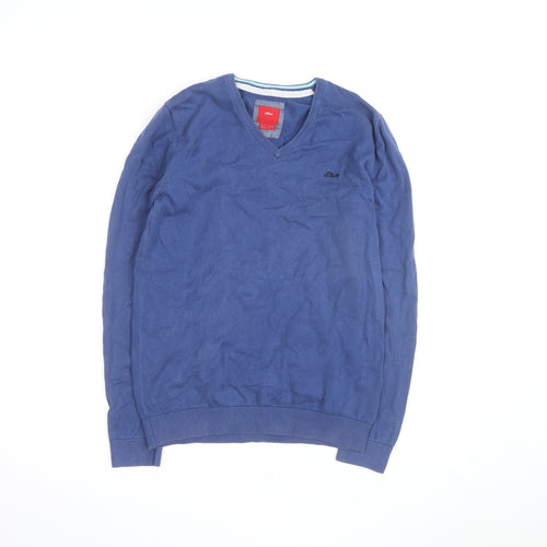 s.Oliver Men's Blue V-Neck Cotton Jumper Size M Classic Knitwear