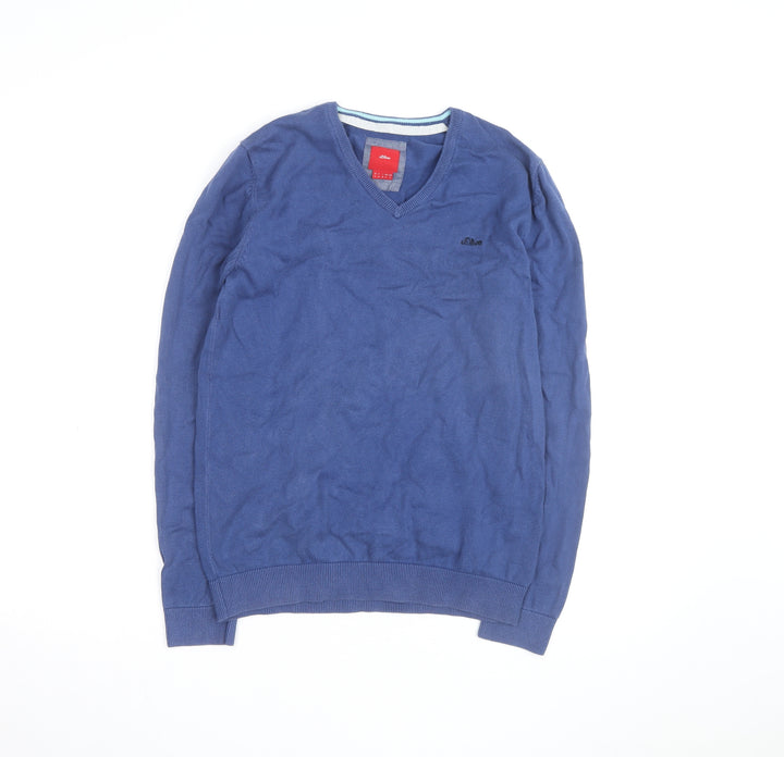 s.Oliver Men's Blue V-Neck Cotton Jumper Size M Classic Knitwear