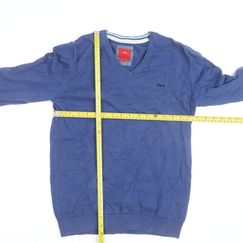 s.Oliver Men's Blue V-Neck Cotton Jumper Size M Classic Knitwear