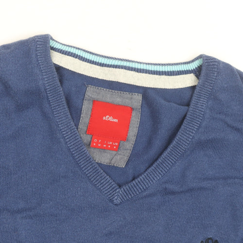 s.Oliver Men's Blue V-Neck Cotton Jumper Size M Classic Knitwear