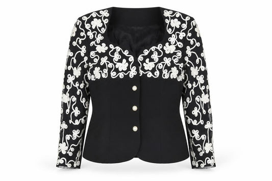 Front view of Carmen Toranzo Black Embroidered Blazer Women’s, size UK 12, Formal Jacket