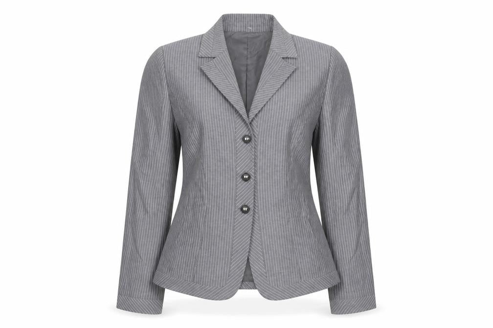 Front view of Tahari Arthur S. Levine women’s grey pinstripe blazer, size UK 10