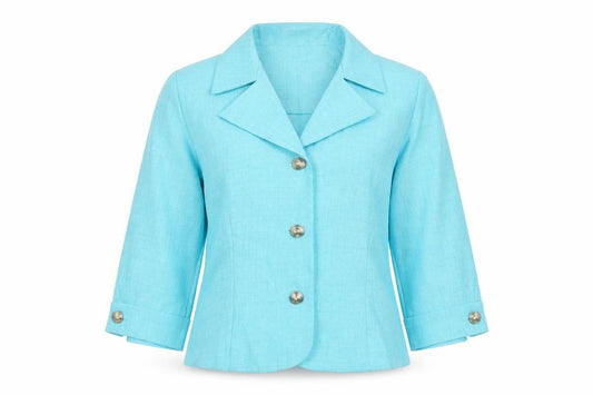 Front view of Leslie Fay Women’s Blue Petite, size UK 10, Blazer Jacket