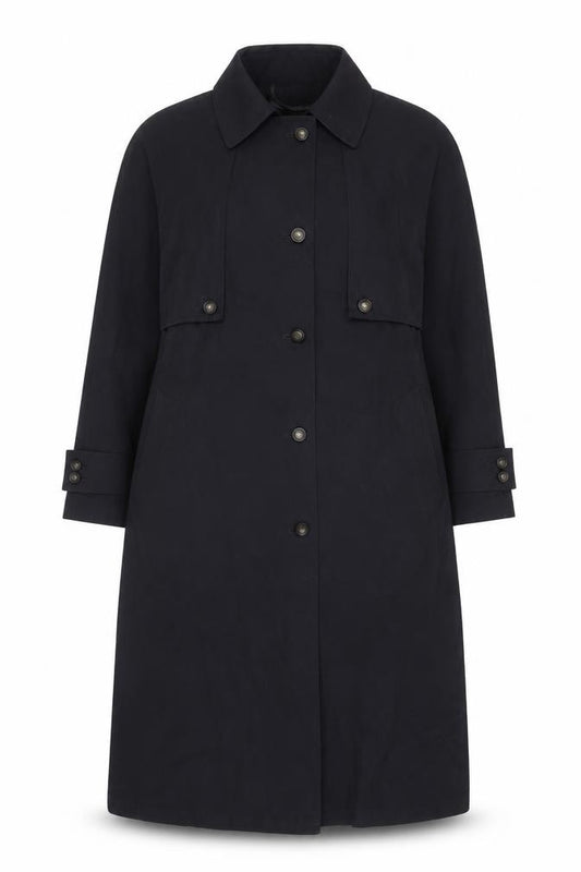 Front view of London Fog Women's Black Trench Coat, size 6, Regular Long Lined Classic Style