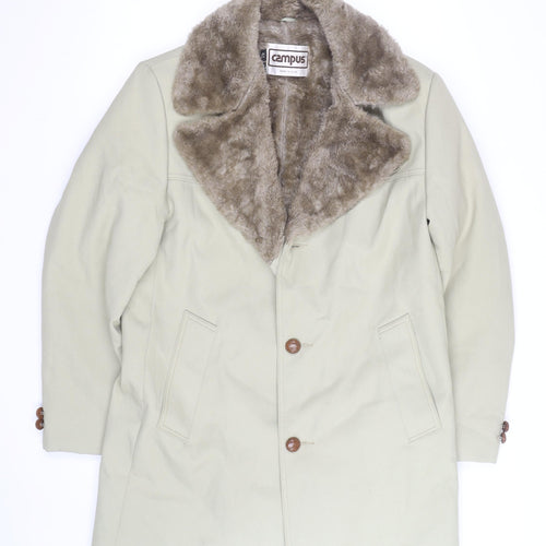 Campus Men Beige Faux Fur Collar Long Overcoat Size 42 Vintage