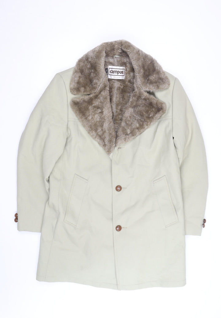 Campus Men Beige Faux Fur Collar Long Overcoat Size 42 Vintage