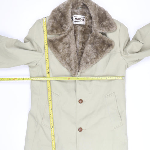 Campus Men Beige Faux Fur Collar Long Overcoat Size 42 Vintage