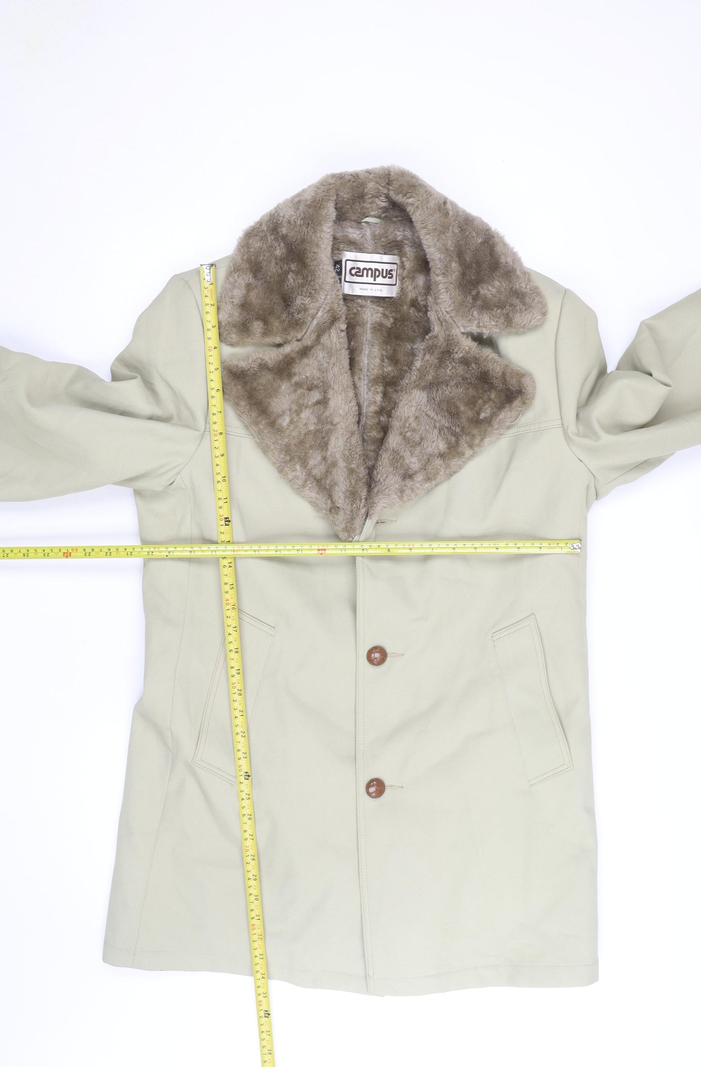 Campus Men Beige Faux Fur Collar Long Overcoat Size 42 Vintage
