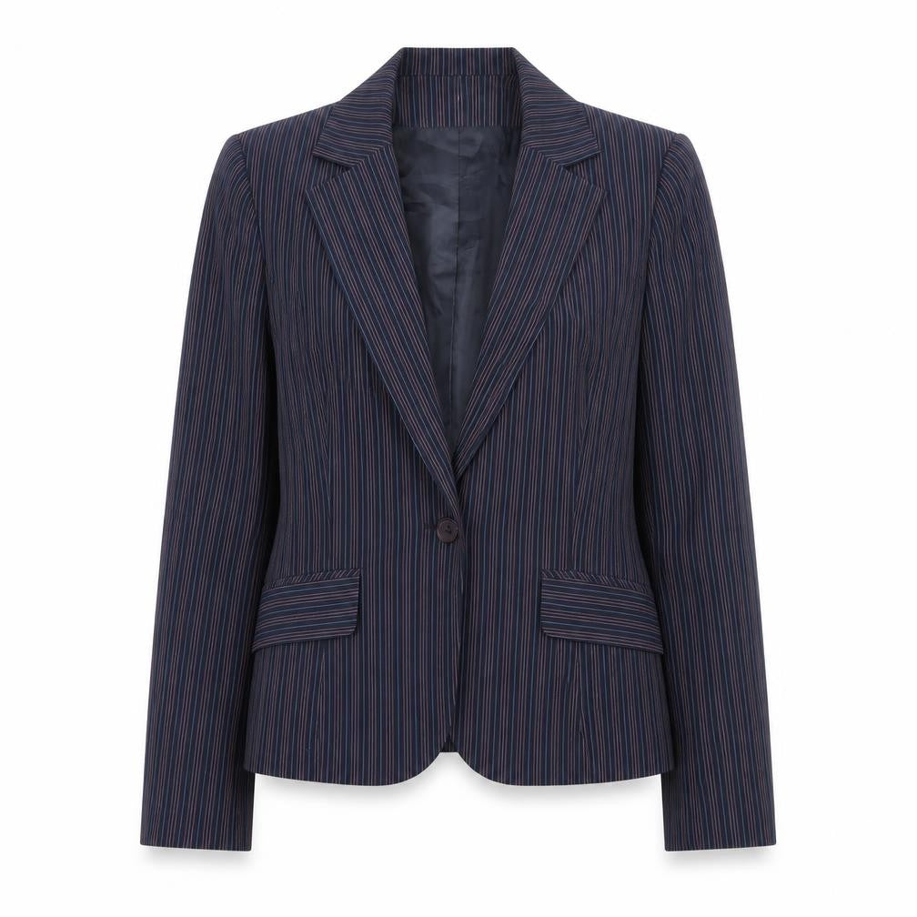 Front view of Rena Rowan Women Blue Pinstripe Blazer, size 12, Regular Fit