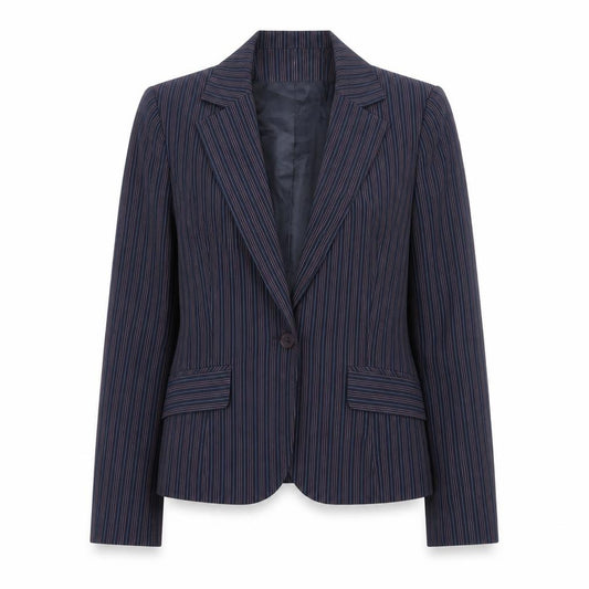 Front view of Rena Rowan Women Blue Pinstripe Blazer, size 12, Regular Fit