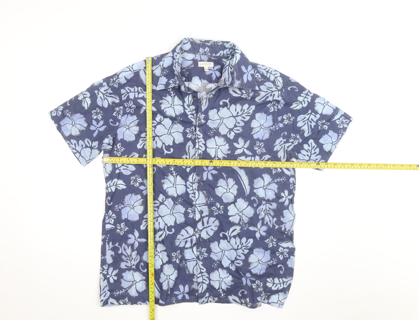 Oviesse Men's Blue Floral Hawaiian Short Sleeve Cotton Shirt L