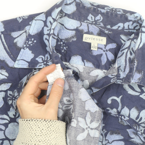 Oviesse Men's Blue Floral Hawaiian Short Sleeve Cotton Shirt L