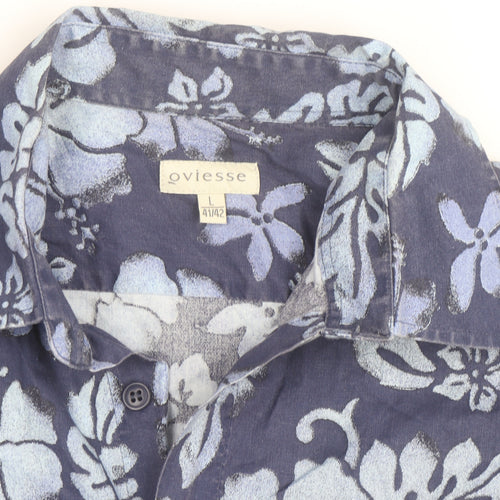 Oviesse Men's Blue Floral Hawaiian Short Sleeve Cotton Shirt L