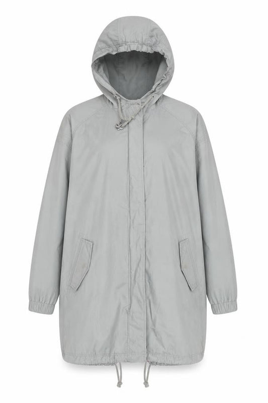 Front view of Weird Fish Women's Grey Hooded Parka Coat, size 12, Long