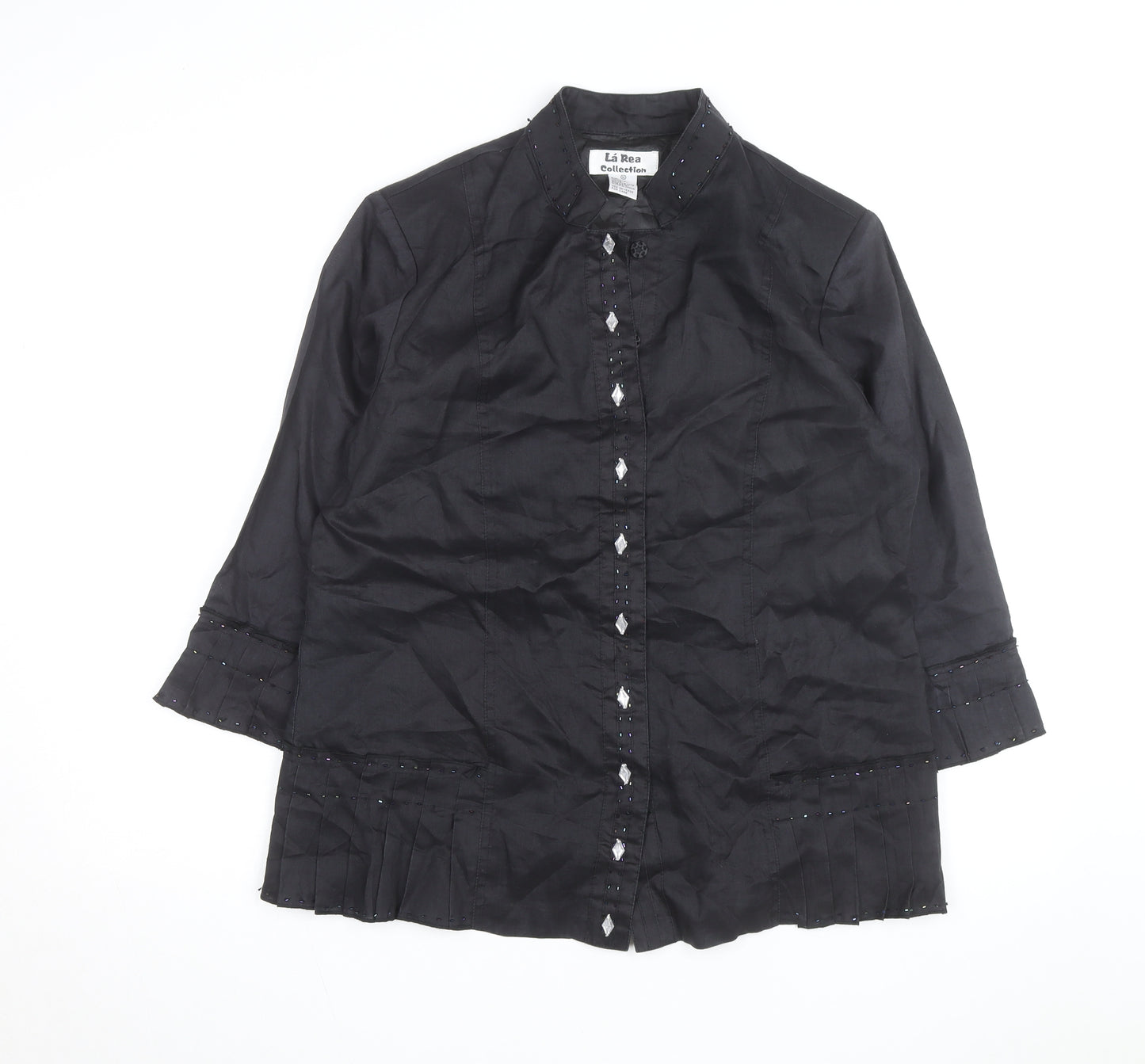 La Rea Collection Women's Black Linen Tunic Blouse M 3/4 Sleeve Beaded