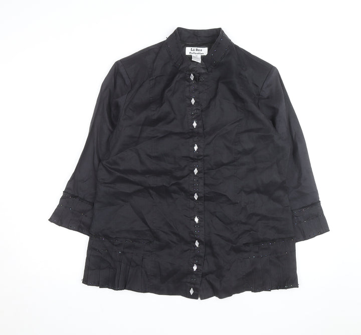 La Rea Collection Women's Black Linen Tunic Blouse M 3/4 Sleeve Beaded