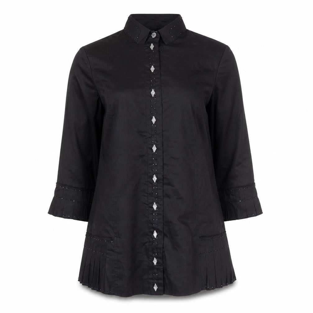 La Rea Collection Women's Black Linen Tunic Blouse M 3/4 Sleeve Beaded
