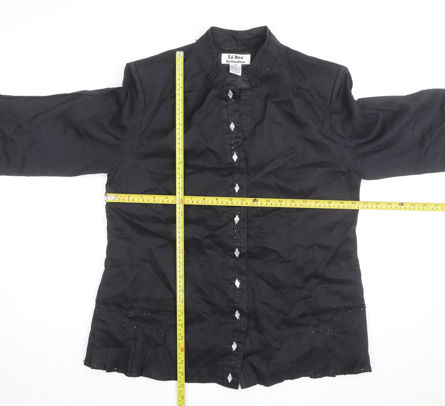 La Rea Collection Women's Black Linen Tunic Blouse M 3/4 Sleeve Beaded