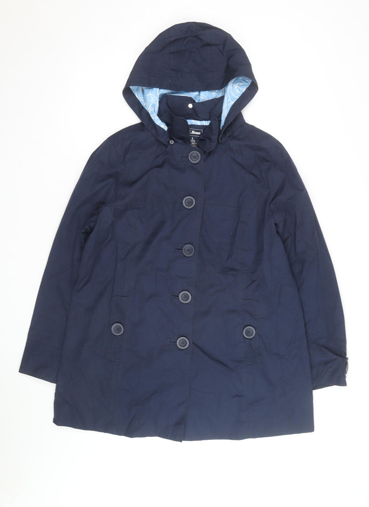 L.L. Bean Men's Blue Hooded Rain Coat Size L Cotton Nylon Waterproof