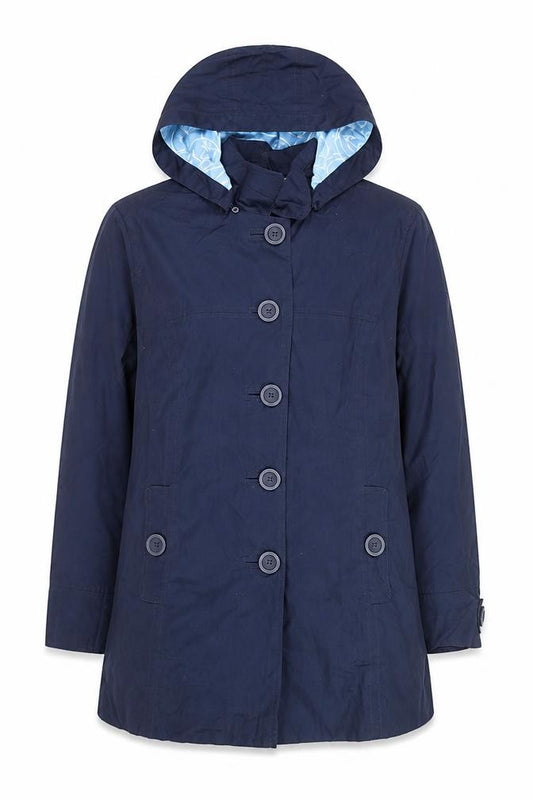 Front view of L.L. Bean Men's Blue Hooded Rain Coat, size L, Cotton Nylon Waterproof