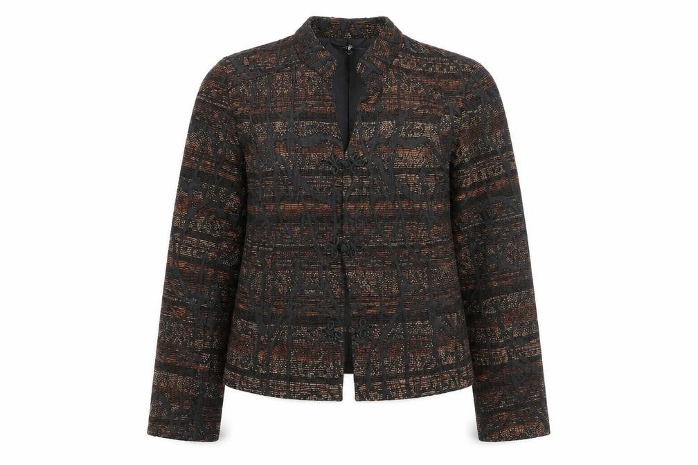 Front view of Legrener Women's Brown Geometric Tweed Blazer, size 12