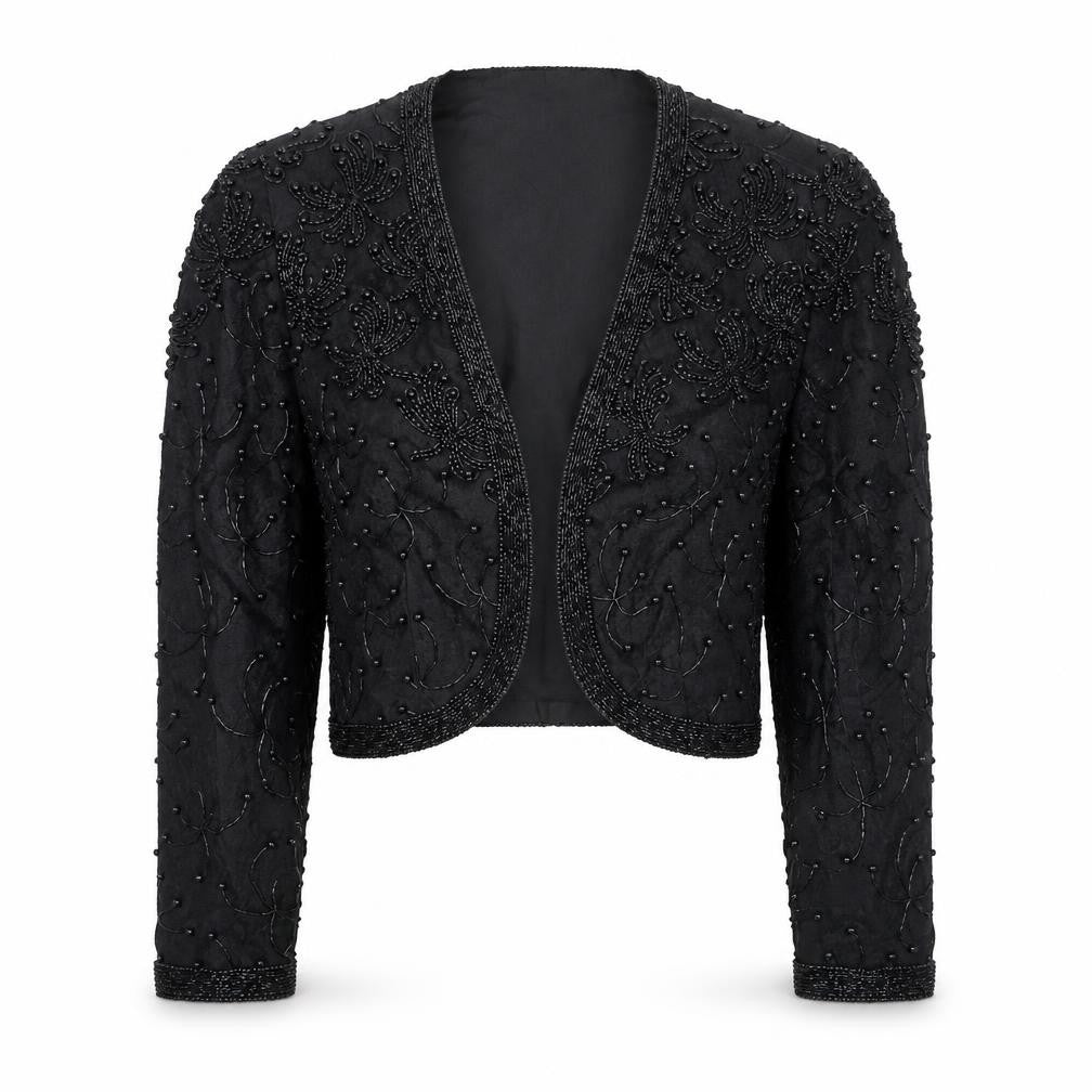 Front view of Scala Women’s Black Beaded Cropped Evening Blouse, size M