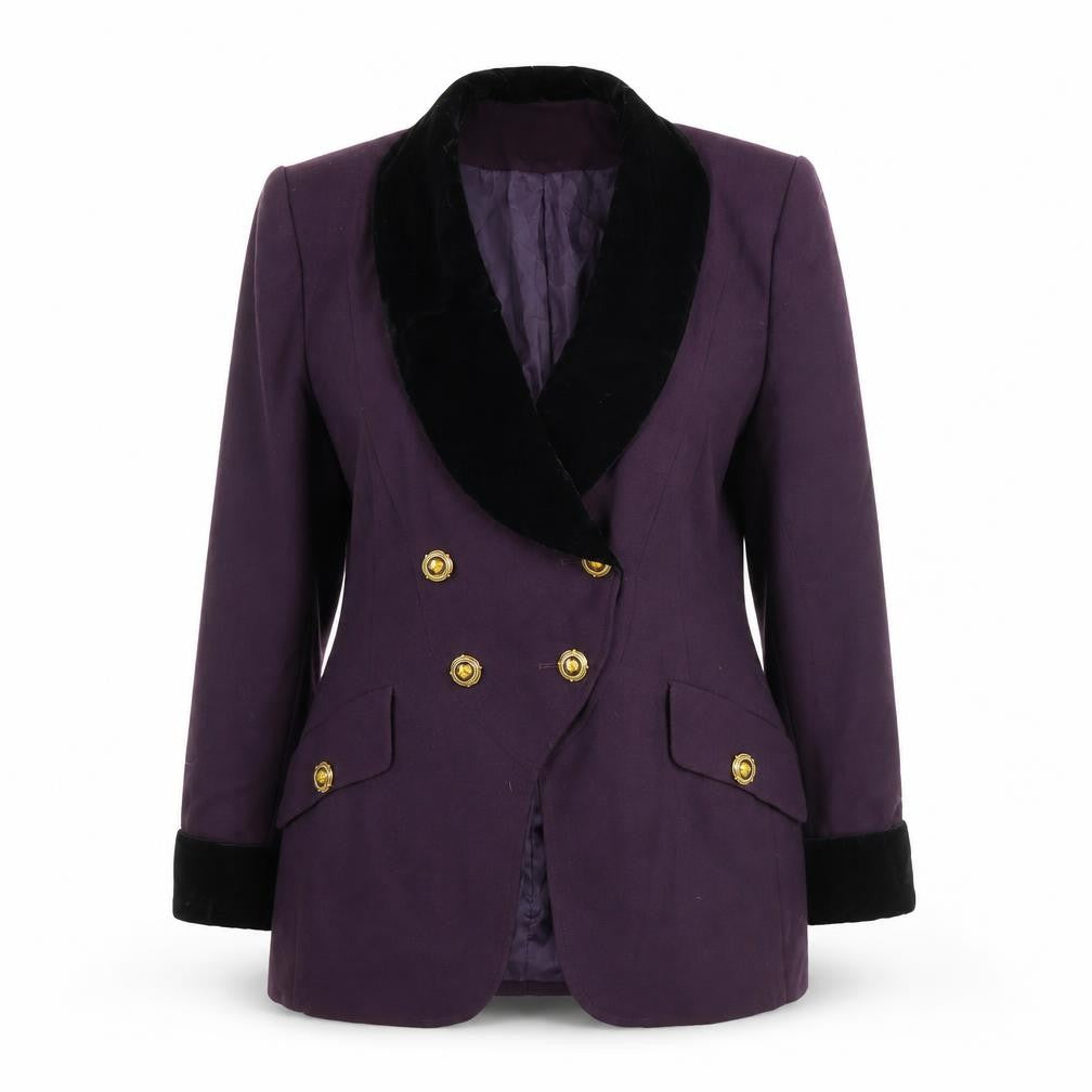 Front view of Pursuits women’s purple velvet collar blazer jacket, size UK 12