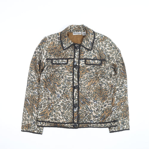 Blutique Women Animal Print Silk Sequin Short Jacket Size S Brown
