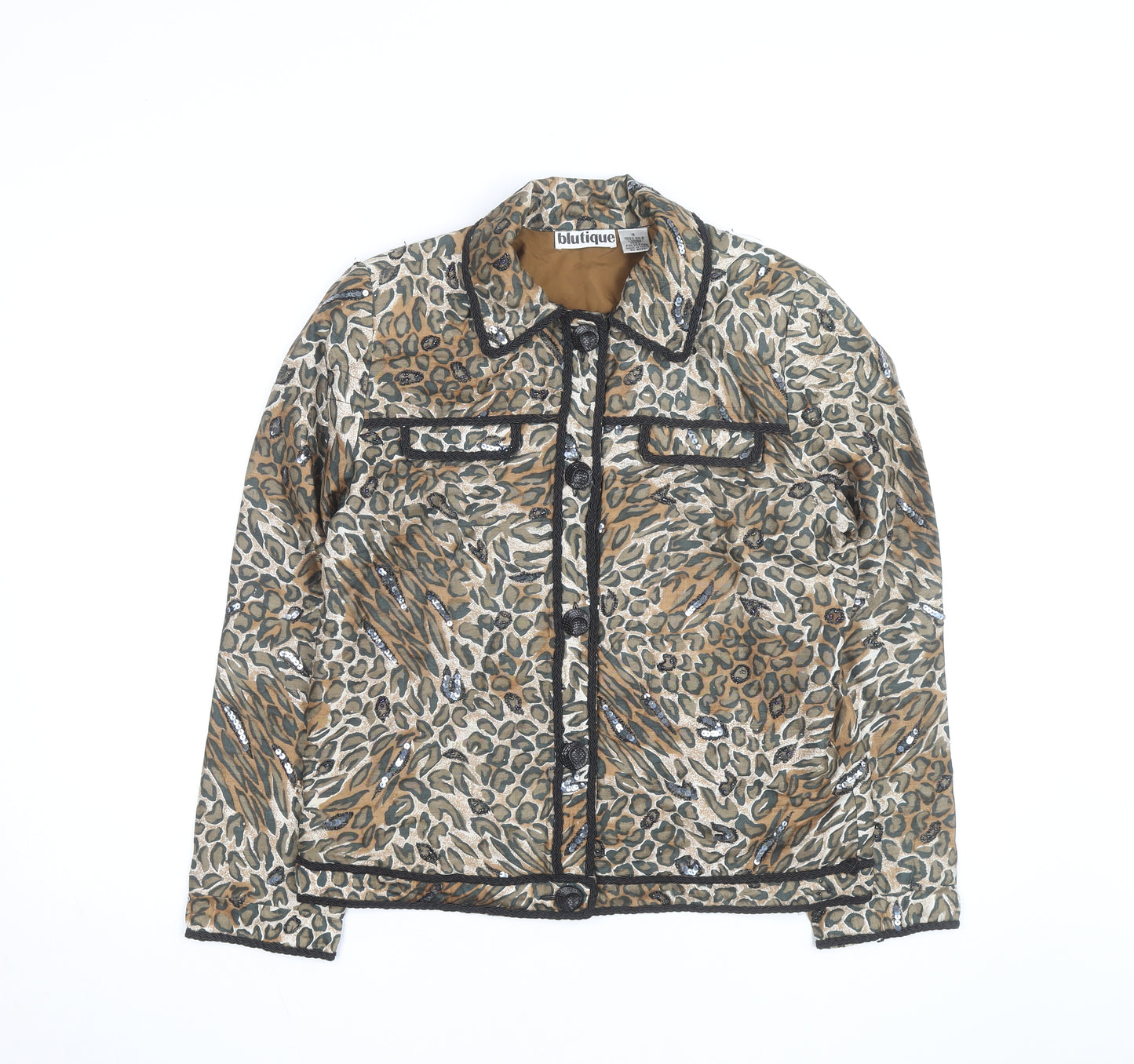 Blutique Women Animal Print Silk Sequin Short Jacket Size S Brown