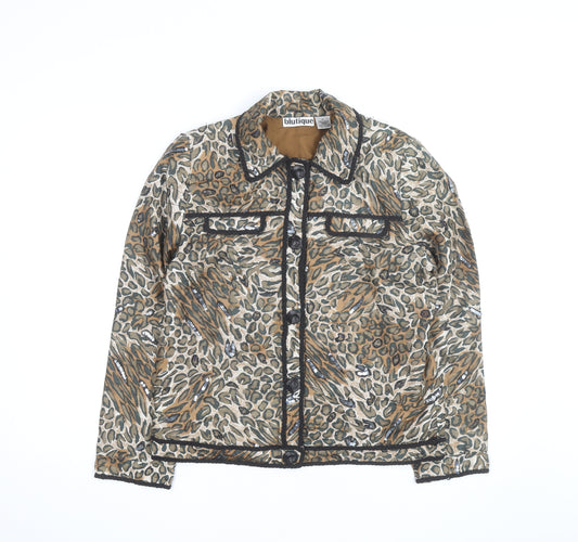 Blutique Women Animal Print Silk Sequin Short Jacket Size S Brown